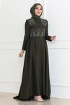 Haki Tesettür İnci Detaylı Abiye Elbise