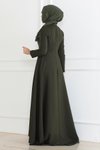 Haki Tesettür İnci Detaylı Abiye Elbise