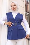 İndigo V Yaka Yelekli İkili Tesettür Takım