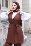 Kahverengi İkili Kemer Detaylı Tesettür Takım