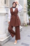 Kahverengi İkili Kemer Detaylı Tesettür Takım