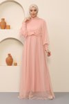 Pudra Tül İnci Detaylı Tesettür Abiye Elbise