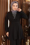 Siyah İkili Taş Detaylı Kemerli Tesettür Takım