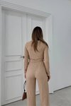 Bej Gofre Kumaş Crop ve Pantolon Yan Büzgülü İkili Takım