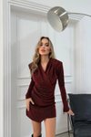 Bordo Mini Simli Kruvaze Yaka Abiye Elbise