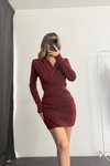 Bordo Mini Simli Kumaş Kruvaze Yaka Abiye Elbise