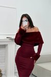 Bordo Straplez Mini Madonna Yaka Suni Kürklü Elbise