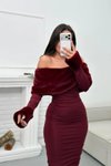 Bordo Straplez Mini Madonna Yaka Suni Kürklü Elbise