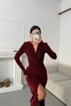 Bordo Uzun Kruvaze Yaka Simli Derin Yırtmaçlı Abiye Elbise