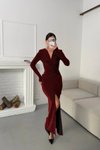 Bordo Uzun Kruvaze Yaka Simli Derin Yırtmaçlı Abiye Elbise