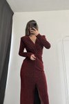 Bordo Uzun Taşlı V Yaka Burgulu Önü Yırtmaçlı Abiye Elbise