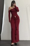 Bordo Uzun Tek Omuzlu Toka Detaylı Tasarım Abiye Elbise