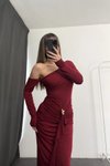 Bordo Uzun Tek Omuzlu Toka Detaylı Tasarım Abiye Elbise