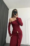 Bordo Uzun Tek Omuzlu Toka Detaylı Tasarım Abiye Elbise