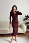 Bordo Uzun V Yaka Ters Dikiş Elbise