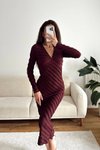 Bordo Uzun V Yaka Ters Dikiş Elbise