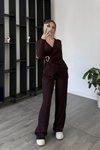 Kahverengi Kruvaze Yaka Toka Detaylı Bluz Pantolon İkili Takım