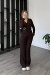 Kahverengi Kruvaze Yaka Toka Detaylı Bluz Pantolon İkili Takım