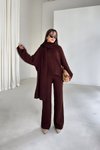 Kahverengi Örme Oversize Atkılı Kazak ve Pantolon Takım