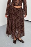 Kahverengi Uzun Asimetrik Kesim Dantel Detaylı Etek