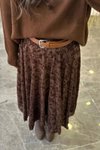 Kahverengi Uzun Asimetrik Kesim Dantel İşlemeli Etek