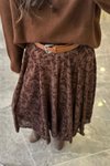 Kahverengi Uzun Asimetrik Kesim Dantel İşlemeli Etek
