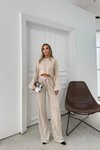 Krem İspanyol Kol Ters Dikiş Bluz ve Pantolon İkili Takım