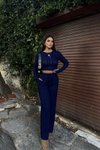 Lacivert Bisiklet Yaka Crop Pantolon Ters Dikiş İkili Takım