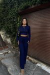 Lacivert Bisiklet Yaka Crop Pantolon Ters Dikiş İkili Takım