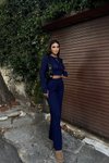 Lacivert Bisiklet Yaka Crop Pantolon Ters Dikiş İkili Takım