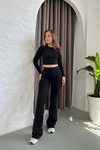 Siyah Basic Crop İspanyol Paça İkili Parmak Geçmeli Tayt Takım