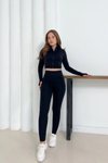 Siyah Dik Yaka Crop ve Tayt Fermuarlı İkili Takım