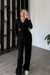 Siyah Kruvaze Yaka İkili Toka Detaylı Bluz ve Pantolon Takım