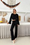 Siyah Salaş İspanyol Kol Crop ve Pantolon İkili Takım