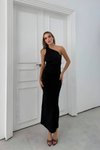 Siyah Uzun Sandy Fularlı Tek Omuz Askılı Straplez Elbise