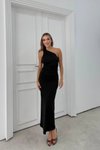Siyah Uzun Sandy Fularlı Tek Omuz Askılı Straplez Elbise