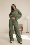 Yeşil İspanyol Kol Crop Ters Dikiş Pantolon İkili Takım