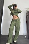 Yeşil İspanyol Kol Crop Ters Dikiş Pantolon İkili Takım