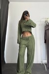 Yeşil İspanyol Kol Crop Ters Dikiş Pantolon İkili Takım