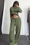 Yeşil İspanyol Kol Crop Ters Dikiş Pantolon İkili Takım
