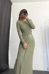 Yeşil Uzun Bel Toka Detaylı Elbise