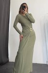 Yeşil Uzun Bel Toka Detaylı Elbise