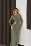 Yeşil Uzun Bisiklet Yaka Aksesuar Detaylı Elbise