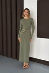 Yeşil Uzun Bisiklet Yaka Aksesuar Detaylı Elbise