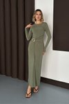 Yeşil Uzun Bisiklet Yaka Aksesuar Detaylı Elbise