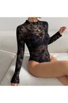 Siyah Çiçek Baskılı Uzun Kollu Çıtçıtlı Body