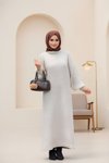 Bej Desenli Oversize Triko Tesettür Elbise