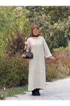 Bej Desenli Oversize Triko Tesettür Elbise