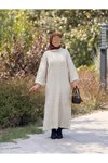 Bej Desenli Oversize Triko Tesettür Elbise