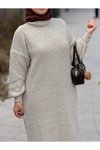 Bej Desenli Oversize Triko Tesettür Elbise